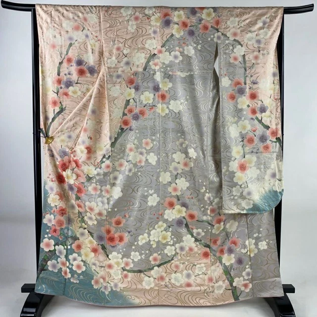 Japanese Kimono Furisode Pure Silk Chinese Plum Running Water Gold Thread Pink
