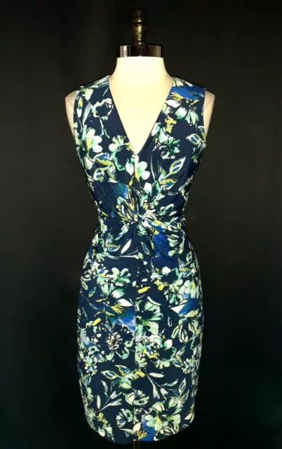 DONNA MORGAN Size 12 Sheath Dress Blue Green White Floral Sleeveless Stretch