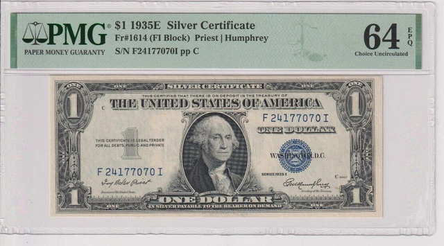 Fr 1614 1935E $1 SC F24177070I PMG 64EPQ CH CU SERIES 1935-E
