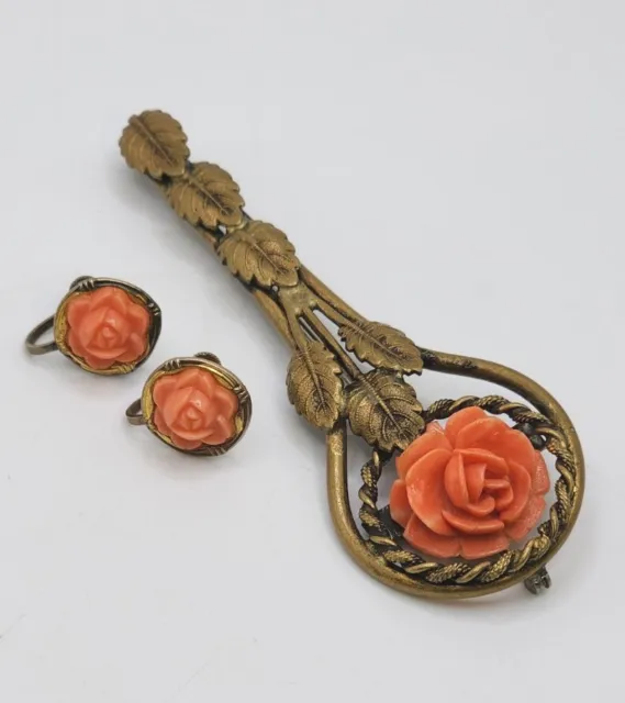 Victorian Carved Coral Celluloid Rose Brass Art Deco Brooch Sterling Earring Set