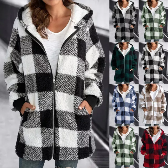 Plus Size Ladies Teddy Bear Fleece Fur CHECKED Coat Hooded Jacket Zip Up Outwear