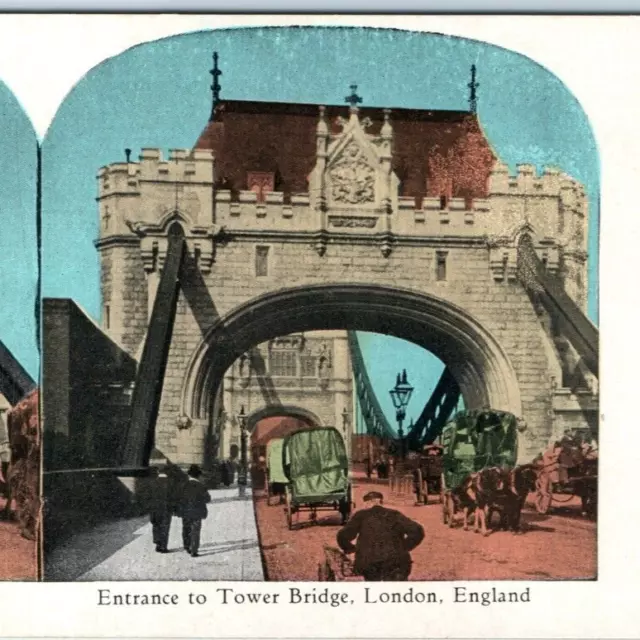 c1900s London, England Tower Bridge Thames Stereoview Street Horse Delivery V38