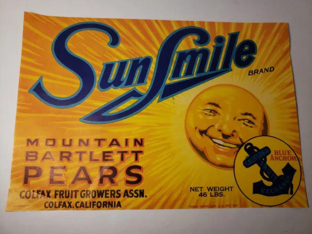 SunSmile Mountain Bartlett Pears Colfax, CA - Original Paper Fruit Crate Label