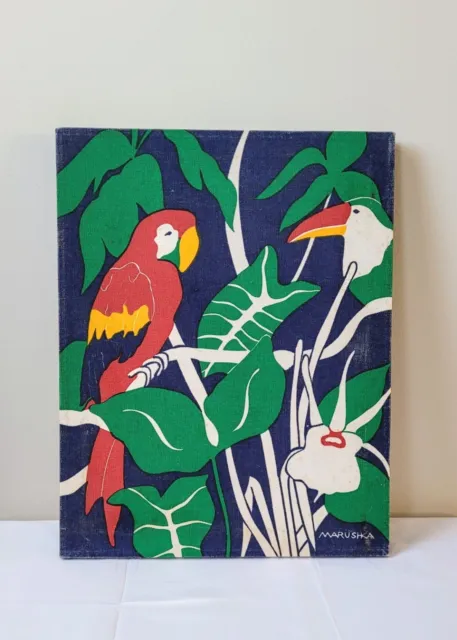 Vintage MARUSHKA Parrot & Toucan Screen Print Canvas 11"x14" *Note Age Spots*