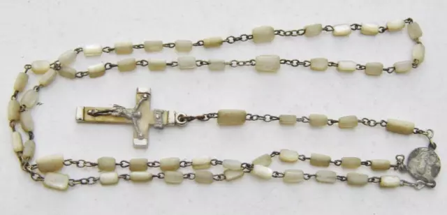 Antique Mother of Pearl Rosary Beads & Cross Crucifix Silver Jesus Corpus Chaple