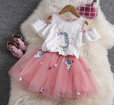 2PC Girls Embroidered Unicorn Top T-shirt Tutu Skirt Outfit Dress Set Gift 4-5T
