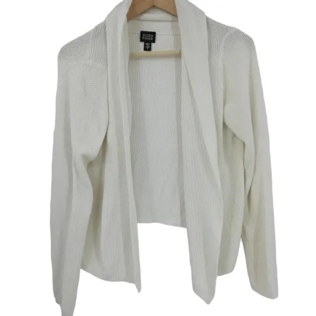 Eileen Fisher Open Front Knit Cotton Silk Blend Cardigan Sweater Size L White