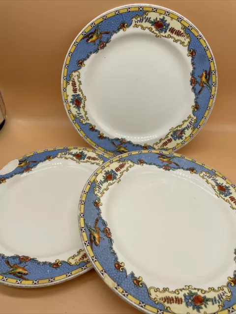 Keeling Ware Burslem Losol England Ltd LTD Blue Plate Plates Burslem Set X3 Bird