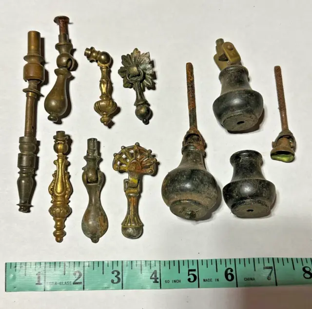 11pc Antique Vintage Brass Metal Wood Dangle Drawer Pulls Knobs Ornate Hardware