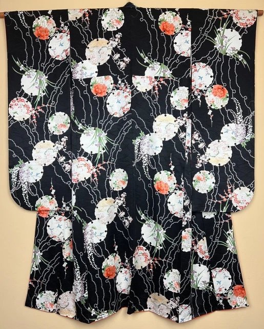 Vintage Rinzu Silk Yuzen / Shibori Furisode Kimono - Birds Flowers Snowflakes