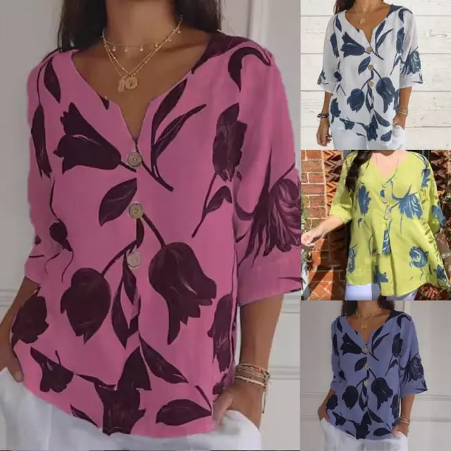 Ladies Summer Loose Floral Blouse Shirt Holiday V neck Casual Loose Tops Tee NEW