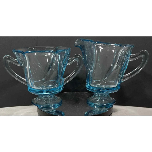 Hermoso conjunto vintage de crema y azúcar Fostoria azul Jamestown