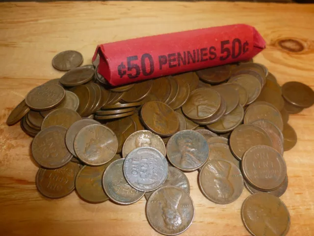 Lincoln Wheat Penny Roll  Mixed Teens to 1950s S mint mark + Indian Head Cent