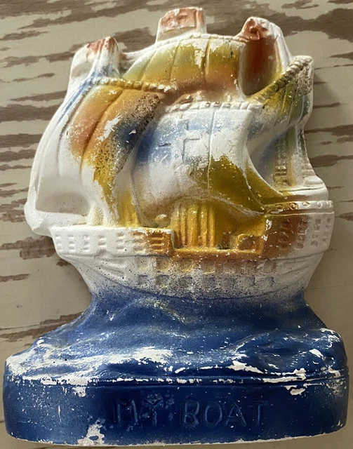 Carnival Fair Circus Chalkware Statue Prize Tall Sailing Ship Boat Vintage 1940s