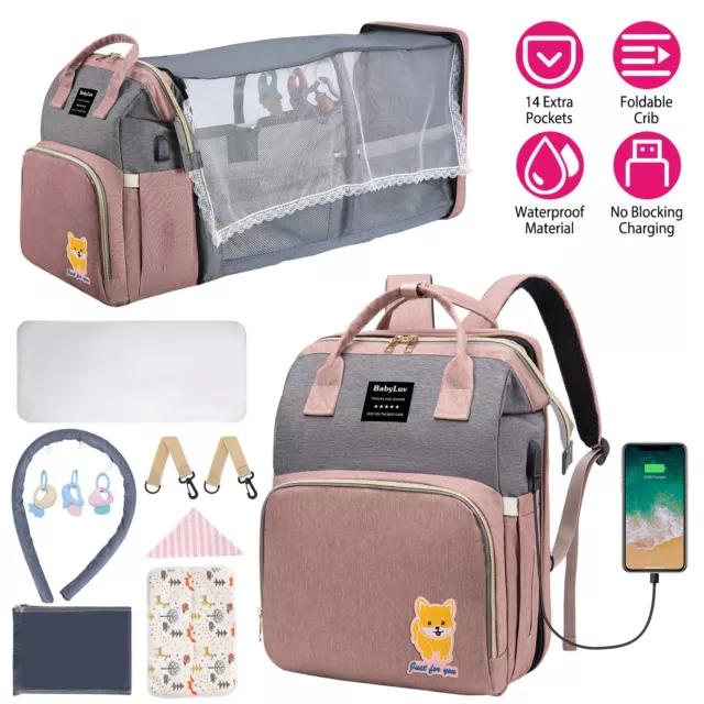 Multifunctional  Diaper Bag with Changing Station Waterproof w/USB Charging Port