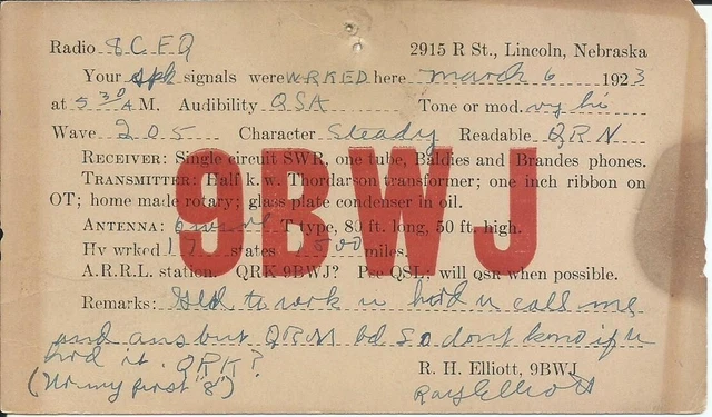 Vintage Ham Radio Qsl Cards 1923  9Bwj   Lincoln, Ne.