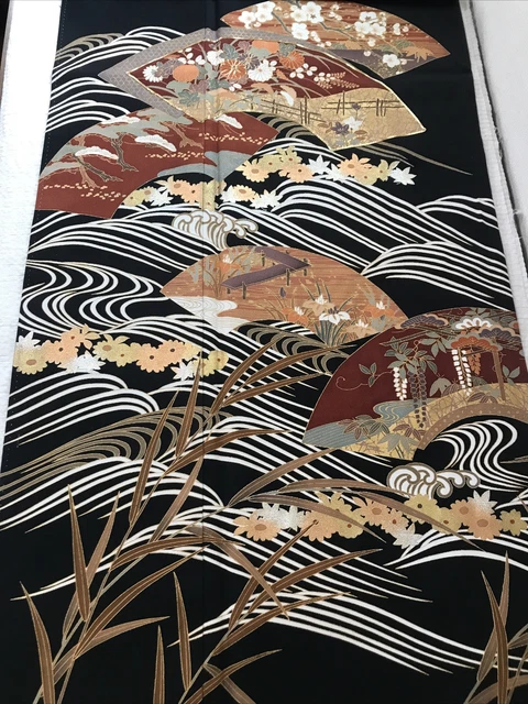 @@Japanese vintage kimono/ tomesode black silk fabric, waves, folding fans K47