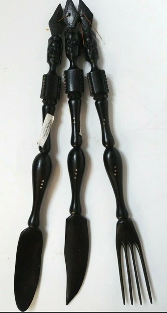 Vintage African Mozambique Hand Carved Wooden Wood Large Spoon Fork & Knife Set