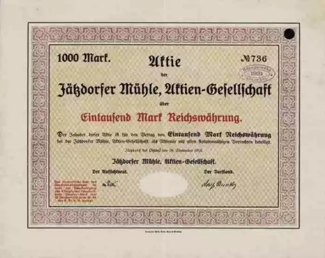 Mühle Jätzdorf Ohlau Jaczkowice Olawskie Schlesien 1918 Reichsbank RARITÄT 1000