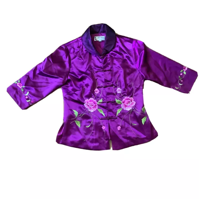 Traditional Chinese Purple Silk Jacket w/Embroidered Floral Design size Small