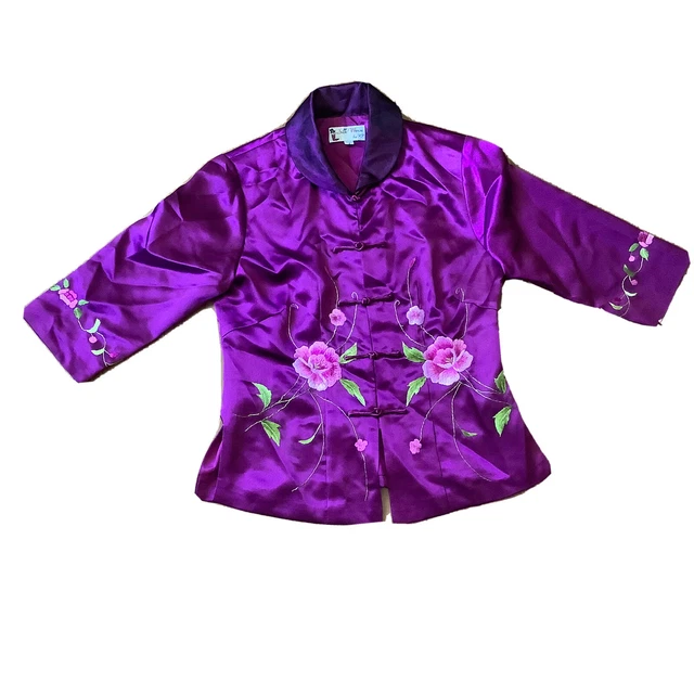 Traditional Chinese Purple Silk Jacket w/Embroidered Floral Design size Small