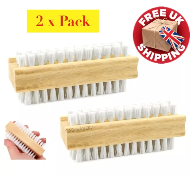 2 x Double Sided Bristle Cleaner Wooden Nail Brush Scrubbing Finger Toe Washing
