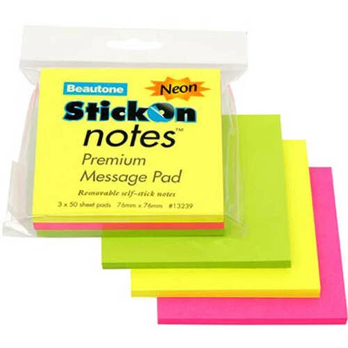 Beautone Stick On Notes 150 Sheets 76mmx76mm Neon Colors Pack of 3 Assorted