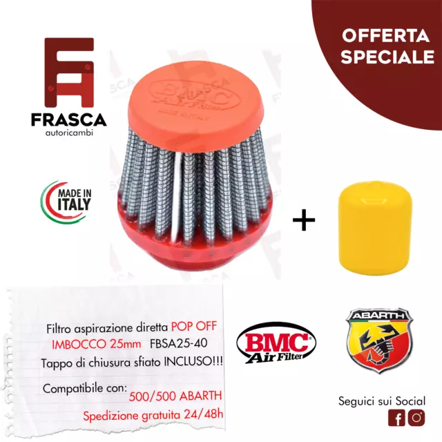 KIT FILTRO CONICO BMC + TAPPO FIAT 500 - 595 ABARTH POP OFF SFIATO ESTERNO 25mm