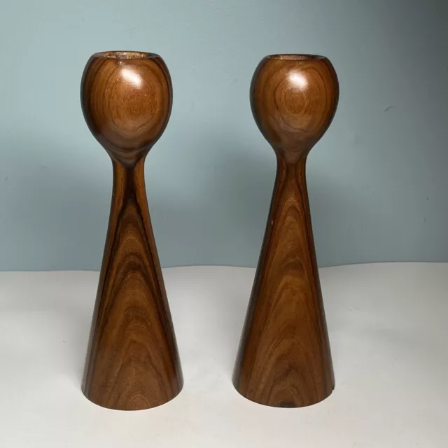 Pair Mid Century Modern Danish Tulip Teak Wood Candlesticks Candle Holders MCM