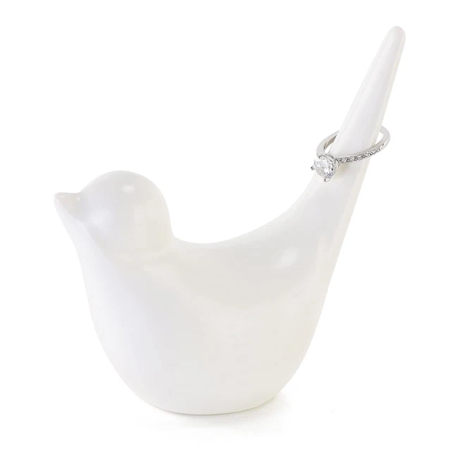 Bird Ring Holder Jewelry Ornament Shelf Decor Ceramic White
