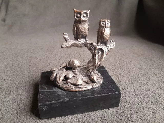 Vintage Pewter Silver Plated Owls Perched Tree Branch Figurine Marble Base