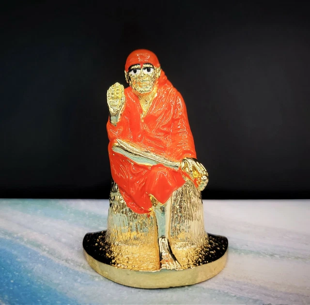 Shirdi Sai baba 2.7", Gold Plated Resin Statue Idol Guru Sai Ram, Orange Color
