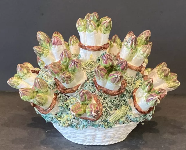 Majolica Asparagus In Woven Basket Ceramic Centerpiece Made In Italy Vintage