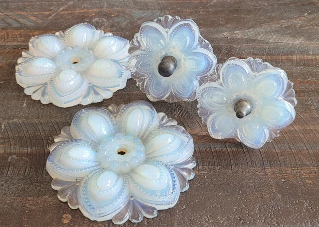 Large White Opalescent Sandwich Glass Curtain Tie Back Set Boston Sandwich Glass