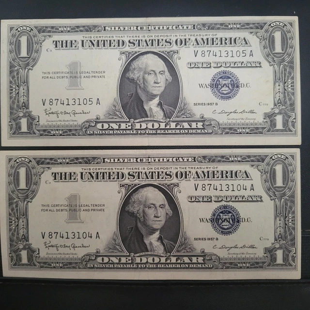(2) consecutive numbered 1957 Blue Seal Silver certificate Series B dollar bills