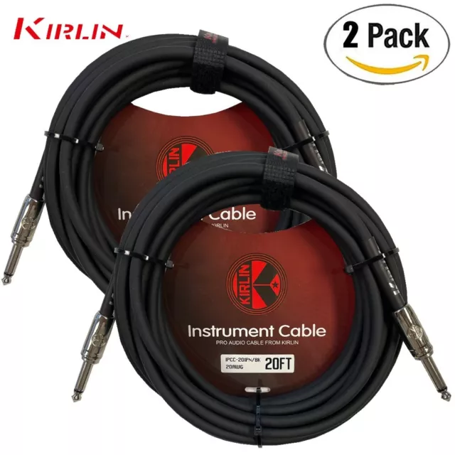 2-PACK Kirlin 20FT 1/4" Mono Plug To Same 20AWG Instrument Cable Black