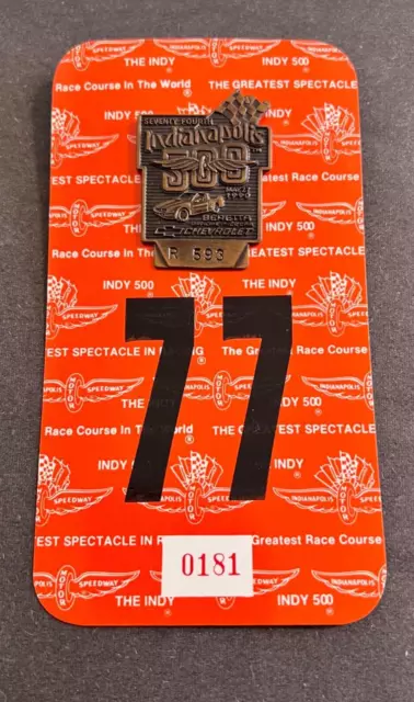 1990 Indy 500 Pit Pass Badge Pin Bronze Badge #R593 Chevrolet Bretta w/Backer