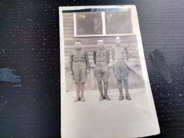 Three Men In Uniform Outside Building WW1 Military RPPC Photo Postcard
