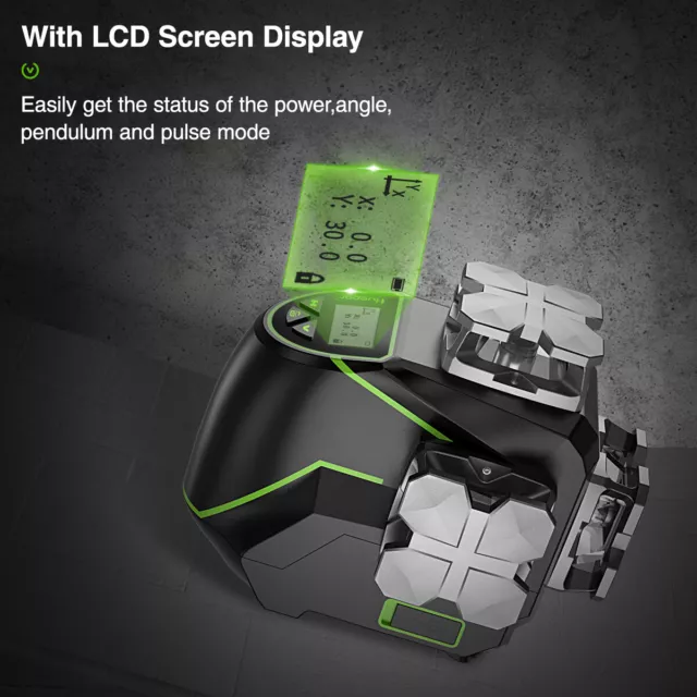 3D LCD Display Cross Line Laser Level Green Beam Bluetooth & Remote Control 3