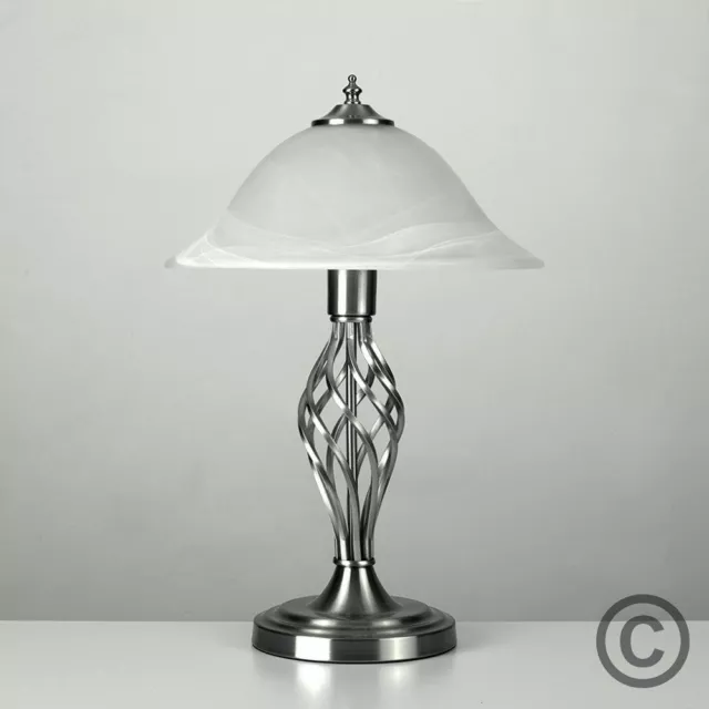 Traditional Style Satin Nickel Barley Twist Table Lamp with a Frosted Alabaster