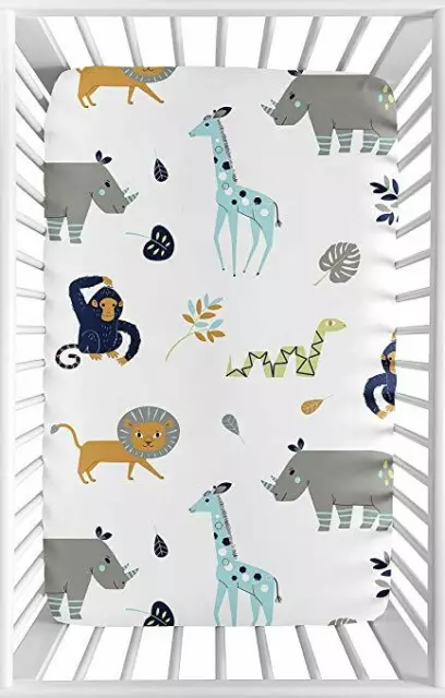 Sweet Jojo Blue Grey Mod Jungle Safari Animal Baby Crib Fitted Sheet