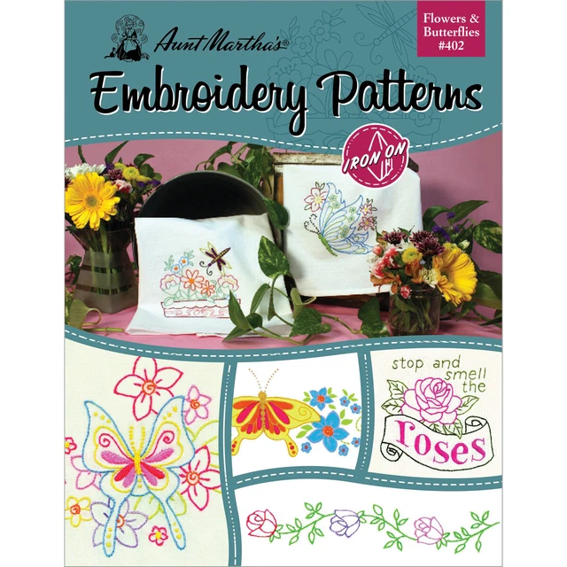 Paquete de 3 libros de transferencia de hierro de tía Martha's flores y mariposas TPB-402