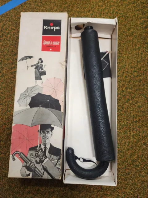 Vintage KNIRPS Black Umbrella in Leather Case & Leather Handle - telescoping