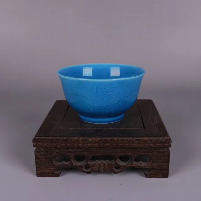 Chinese Porcelain Ming Chenghua Peacock Blue Glaze Phoenix Tea Cups 3.46 Inch