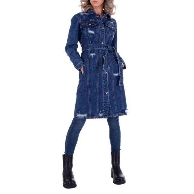 Giacca di jeans trench lungo giubbino giubbotto cintura denim strappato da donna