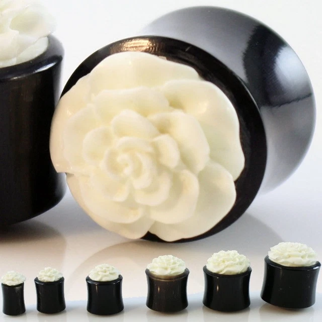 PAIR of Organic Hand Carved Flower Bone Horn Ear Gauges Plugs Saddle Flared Rose