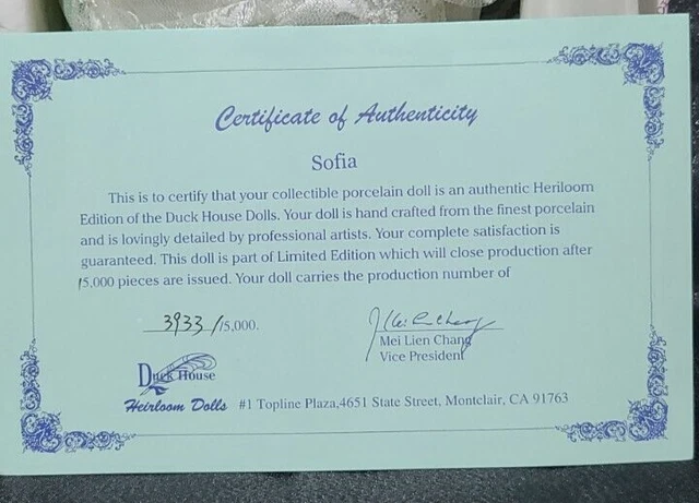 Duck House Heirloom Dolls NIB D18-582 Sofia Limited Edition 3933/15000 COA 3