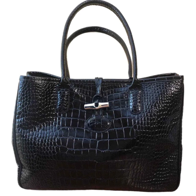 Longchamp Leather Tote Bag Croc Embossed Black Clean Authentic Dust Cover France