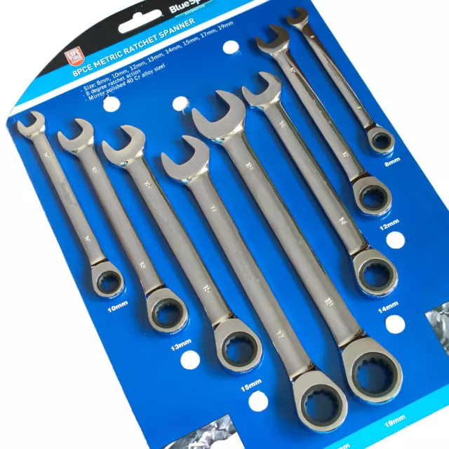 Ratchet Spanner Wrench Set. 8 Metric Combination Ratcheting Spanners 8-19mm 2