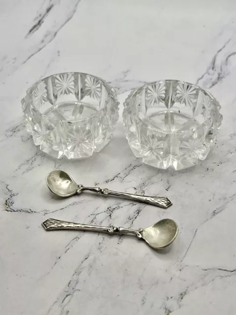 Vintage Crystal Open Salt Cellars Set Of 2 With Sterling Silver Spoons By BMCo